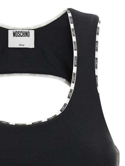 Sport Bra by Moschino for women in polyamide bicolour & black features an ergonomic silhouette, showcasing the ergonomic design of the Ribbon Women's Slim Polyamide Sport Bra with a ergonomic fit.