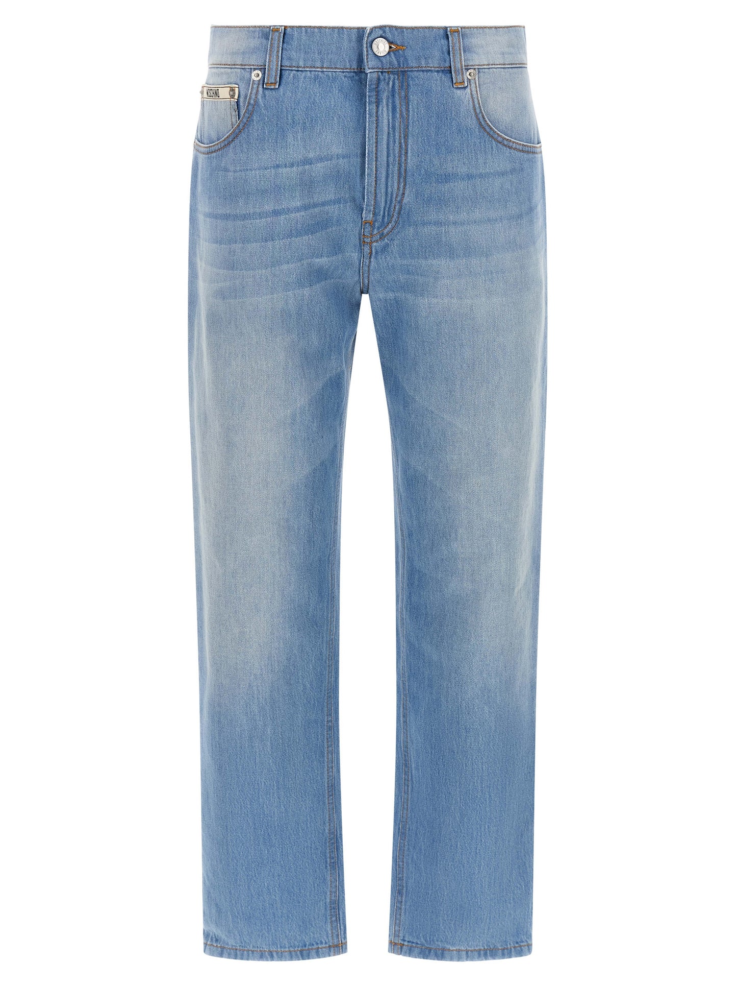 Jeans by Moschino for women in denim cotton light-blue presents a refined pantology silhouette, artfully defined by a refined pantology straight-leg & relaxed-fit, long, and a sophisticated .