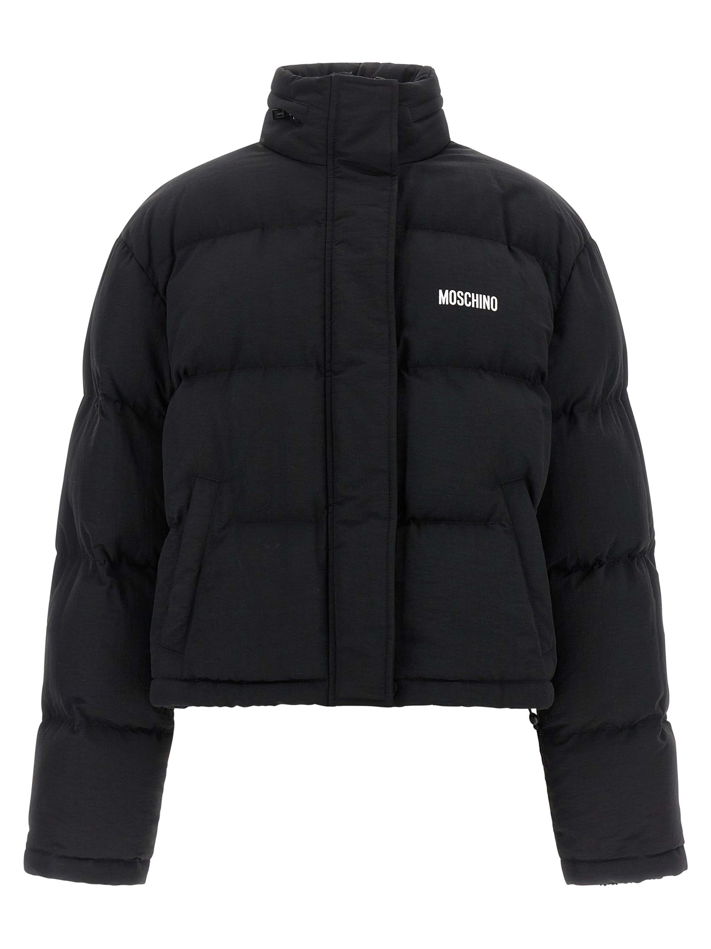 Bomber Jacket by Moschino for women in polyamide black, white & print features an on trend silhouette, showcasing refined pockets & insulated and a sophisticated for a truly on trend finish.
