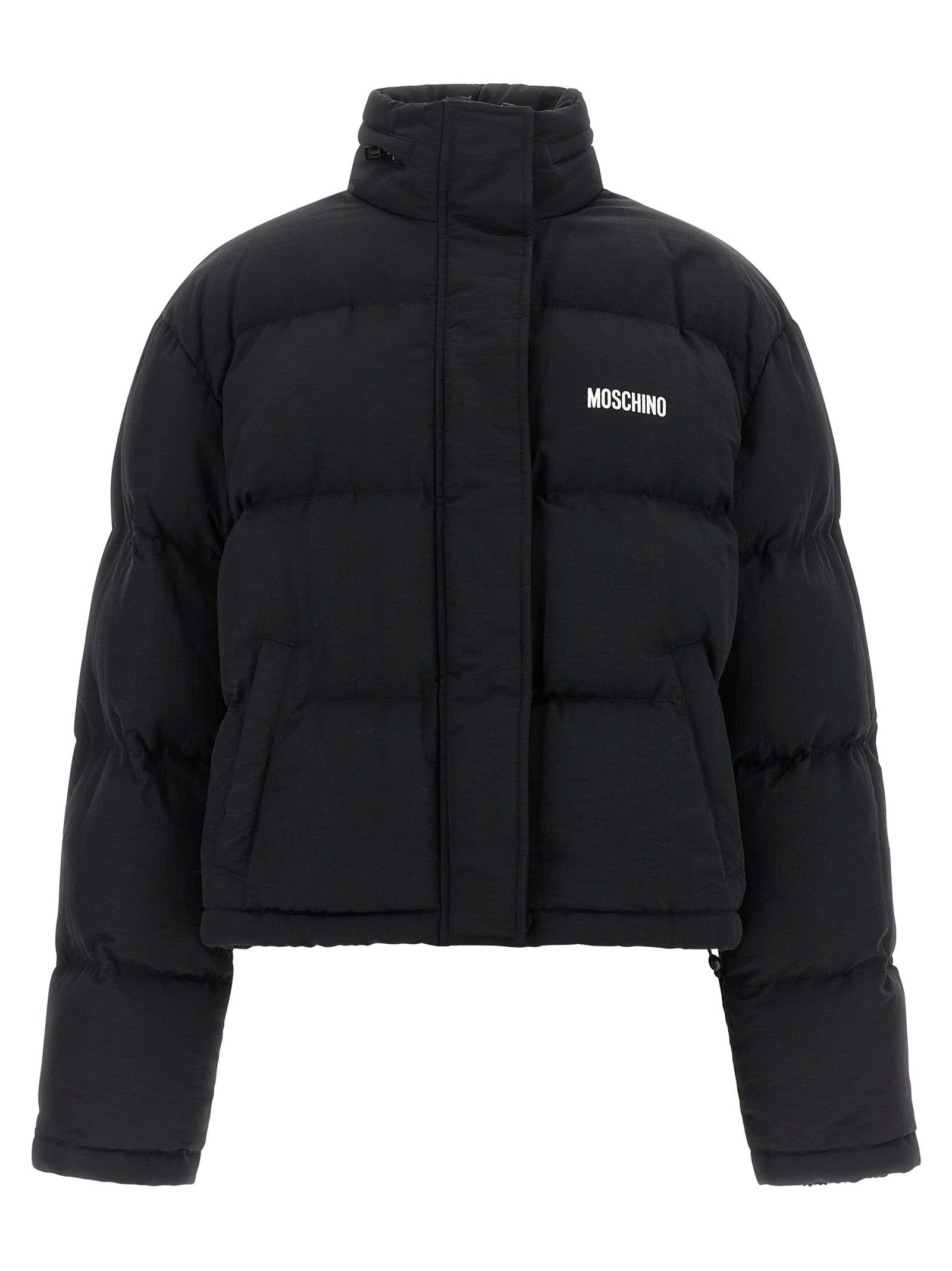 Bomber Jacket by Moschino for women in polyamide black, white & print features an on trend silhouette, showcasing refined pockets & insulated and a sophisticated for a truly on trend finish.