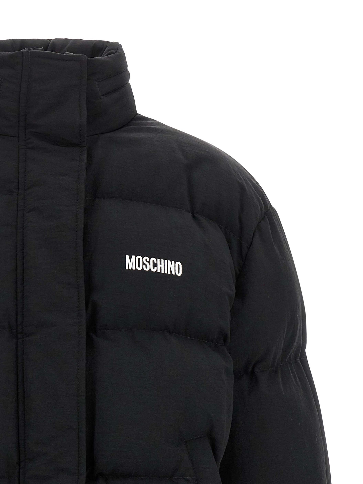 Bomber Jacket by Moschino for women in polyamide black, white & print features a dramatic silhouette, showcasing a sophisticated and distinctive pockets & insulated for a dramatic aesthetic.