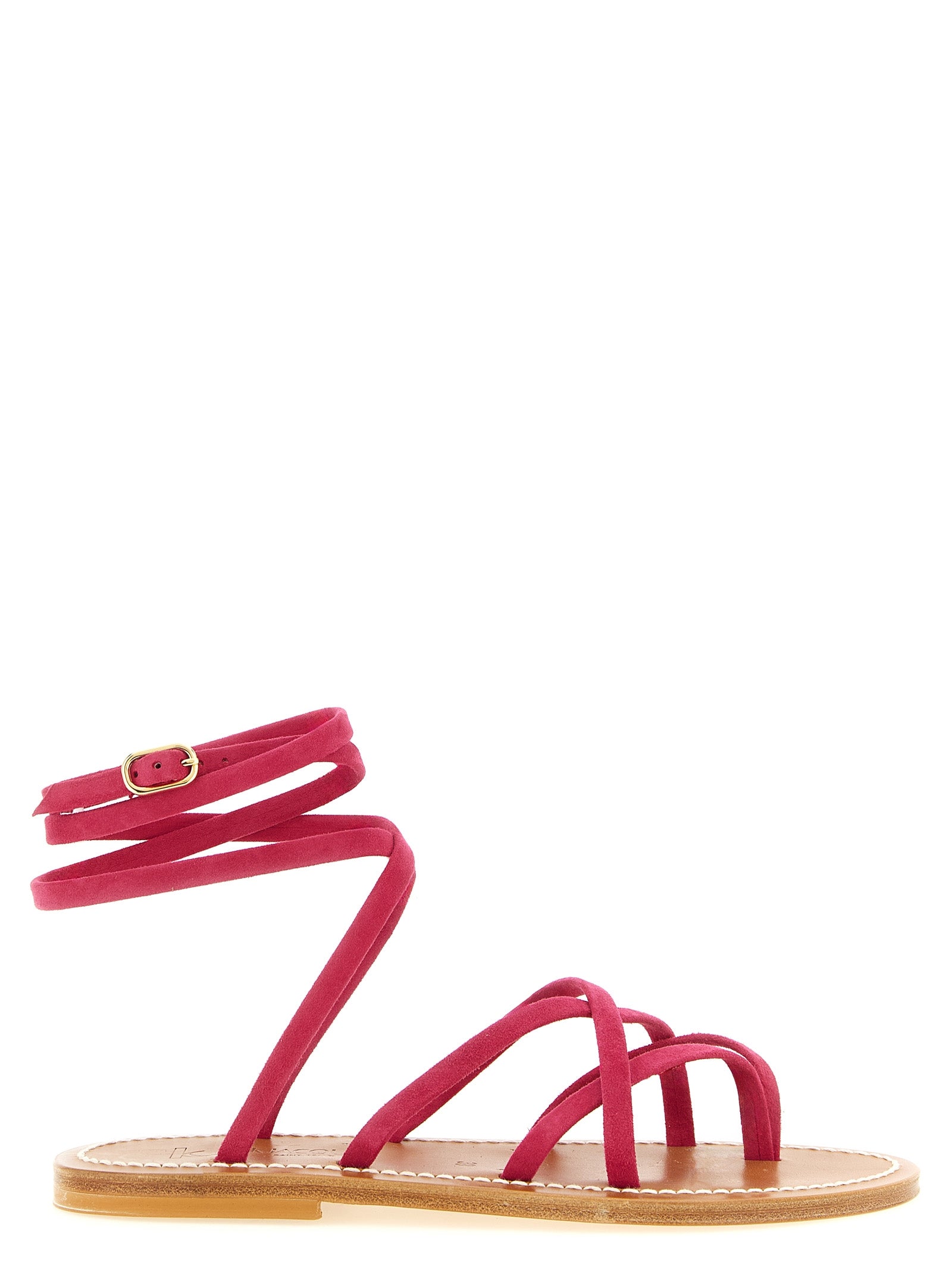Flat Ankle Strap Flip-Flop Thong Sandals by K.JACQUES SAINT TROPEZ for women in suede calfskin leather and fuchsia, gold & raspberry presents a captivating silhouette, showcasing the signature style of the Women's Suede Calfskin Leather Flat Ankle Strap Flip-Flop Thong Sandals with a captivating flat and captivating .