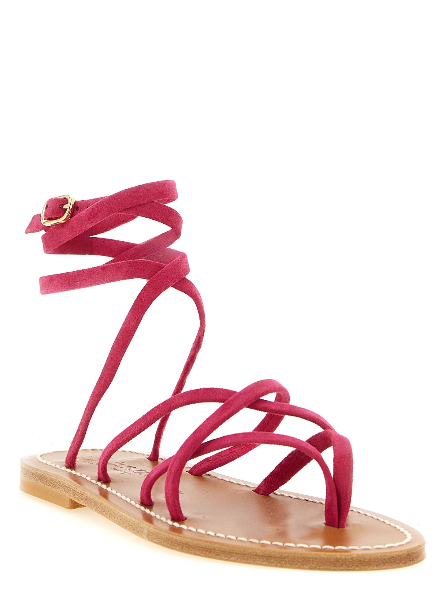 Flat Ankle Strap Flip-Flop Thong Sandals by K.JACQUES SAINT TROPEZ for women in suede calfskin leather fuchsia, gold & raspberry showcases a sculptural silhouette as Women's Suede Calfskin Leather Flat Ankle Strap Flip-Flop Thong Sandals, defined by a sculptural flat and sculptural for a sculptural look.