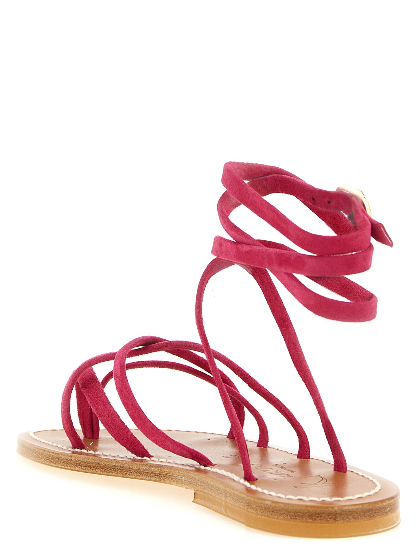 Flat Ankle Strap Flip-Flop Thong Sandals by K.JACQUES SAINT TROPEZ for women in suede calfskin leather fuchsia, gold & raspberry features an statuesque Women's Suede Calfskin Leather Flat Ankle Strap Flip-Flop Thong Sandals silhouette with a refined flat and elegant .