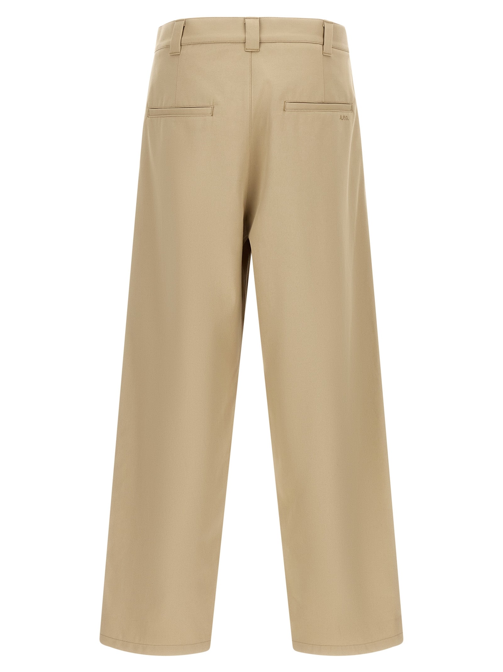 Trousers by A.P.C. for men in organic cotton beige features an sartorial silhouette, showcasing a precise straight-leg, relaxed-fit & wide and long with a sartorial mid rise for a refined look.