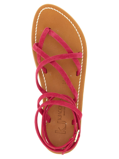 Flat Ankle Strap Flip-Flop Thong Sandals by K.JACQUES SAINT TROPEZ for women in suede calfskin leather fuchsia, gold & raspberry presents a sculptural silhouette, showcasing the Women's Suede Calfskin Leather Flat Ankle Strap Flip-Flop Thong Sandals design with a sculptural flat and for a premium look.