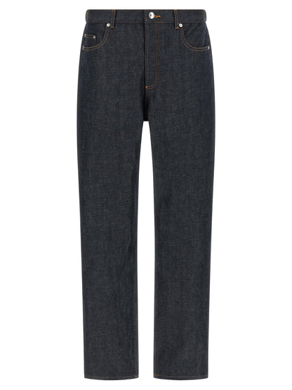 Jeans by A.P.C. for men in denim cotton blue, indigo & silver features an sartorial straight, relaxed-fit & wide and long with a low rise cut for a sartorial finish.