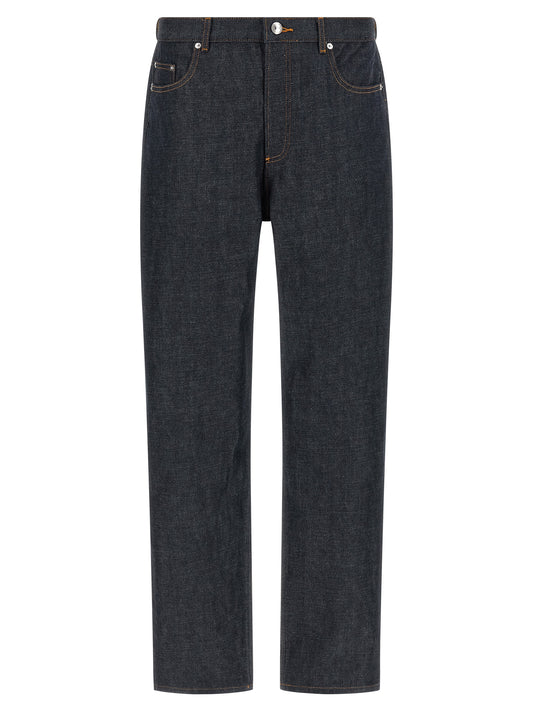 Jeans by A.P.C. for men in denim cotton blue, indigo & silver features an sartorial straight, relaxed-fit & wide and long with a low rise cut for a sartorial finish.