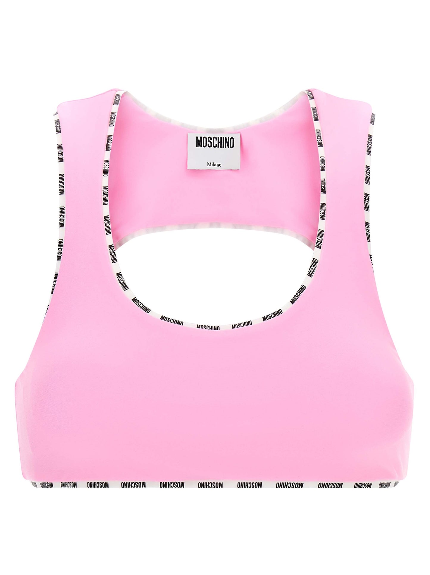 This Sport Bra by Moschino for women in polyamide multicolor & pink features a sporty silhouette from the Ribbon Women's Polyamide Sport Bra collection, showcasing a sporty design that emphasizes both form and function.