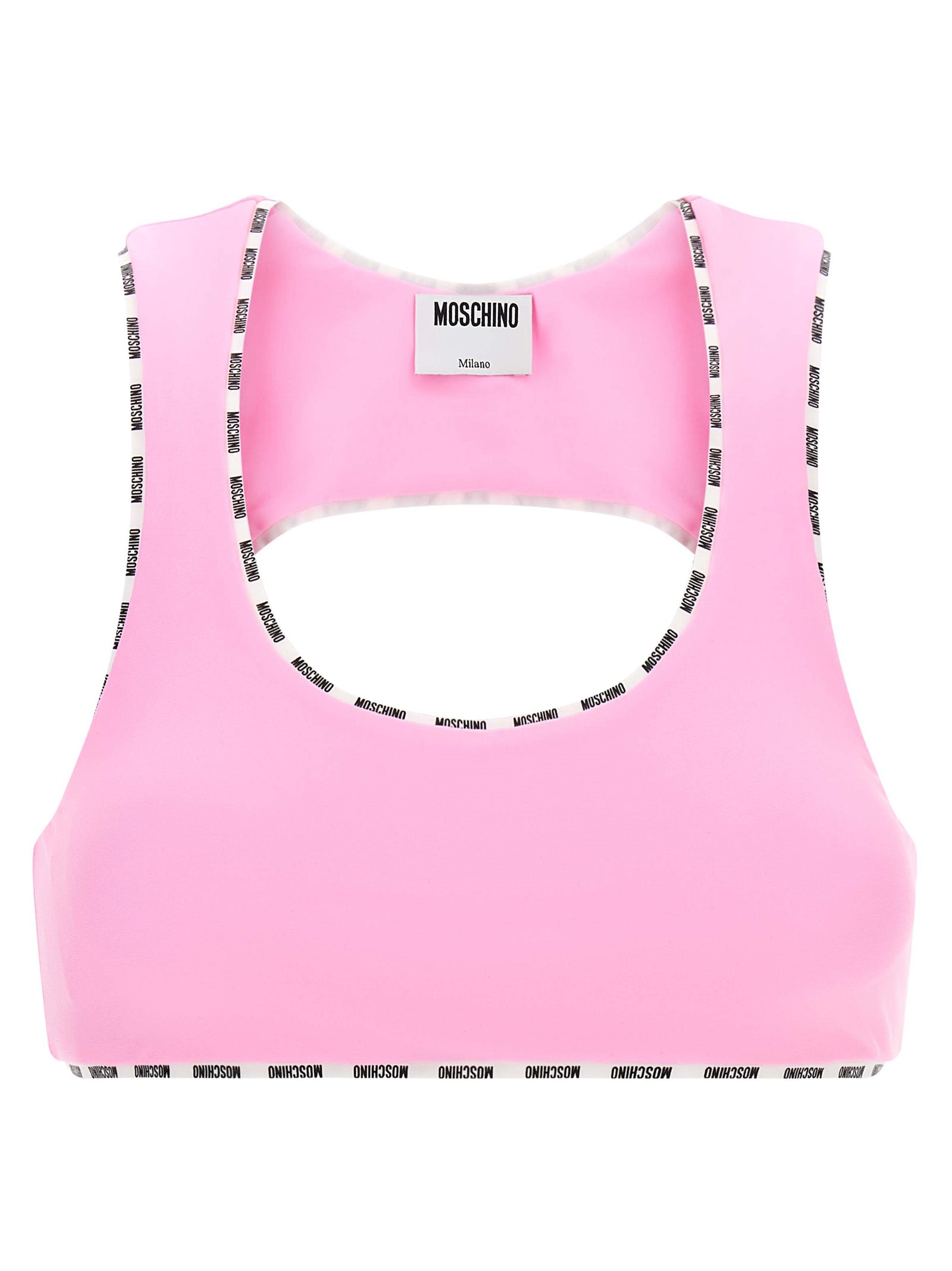 This Sport Bra by Moschino for women in polyamide multicolor & pink features a sporty silhouette from the Ribbon Women's Polyamide Sport Bra collection, showcasing a sporty design that emphasizes both form and function.