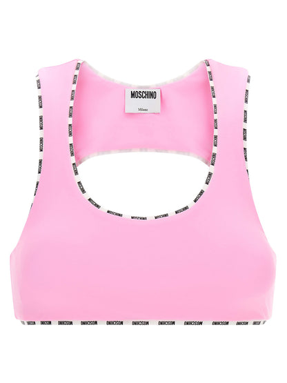 This Sport Bra by Moschino for women in polyamide multicolor & pink features a sporty silhouette from the Ribbon Women's Polyamide Sport Bra collection, showcasing a sporty design that emphasizes both form and function.