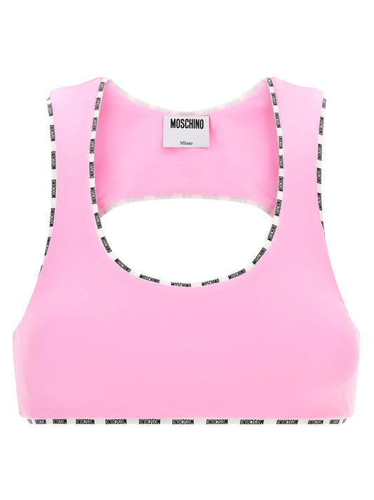 This Sport Bra by Moschino for women in polyamide multicolor & pink features a sporty silhouette from the Ribbon Women's Polyamide Sport Bra collection, showcasing a sporty design that emphasizes both form and function.