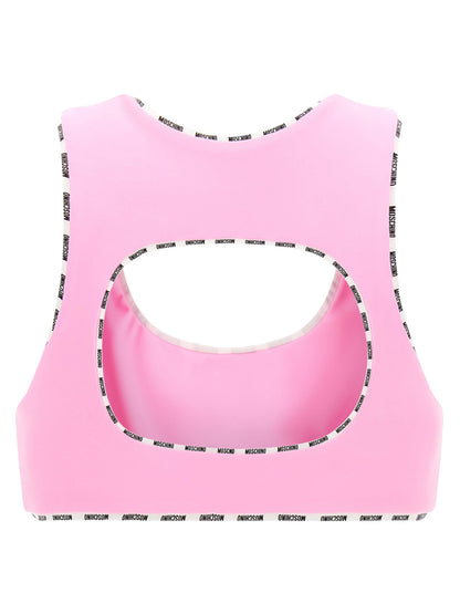 Sport Bra by Moschino for women in polyamide multicolor & pink features a comfortable silhouette, showcasing the comfortable design of this Ribbon Women's Polyamide Sport Bra.