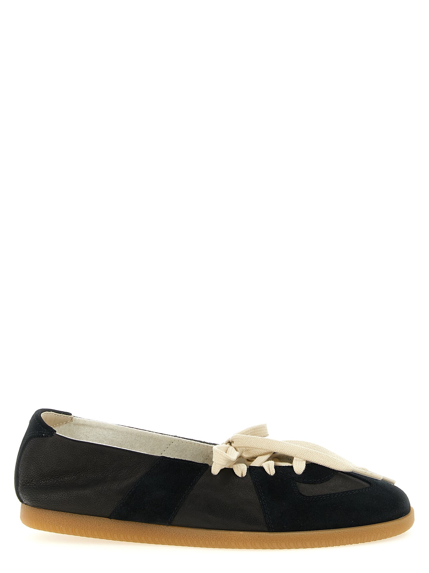 Ballet Flat Shoes by Maison Margiela for women in nappa & suede lamb leather black, natural, white & signature presents a effortless chic silhouette, showcasing the Women's Nappa & Suede Lamb Leather Ballet Flat Shoes design with a effortless chic and for a sophisticated look.