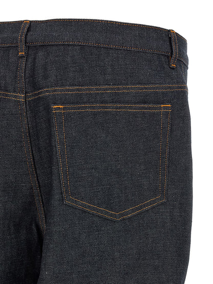 Jeans by A.P.C. for men in denim cotton blue, indigo & silver presents a refined pantology silhouette, artfully defined by a refined pantology straight, relaxed-fit & wide, long, and a sophisticated low rise.