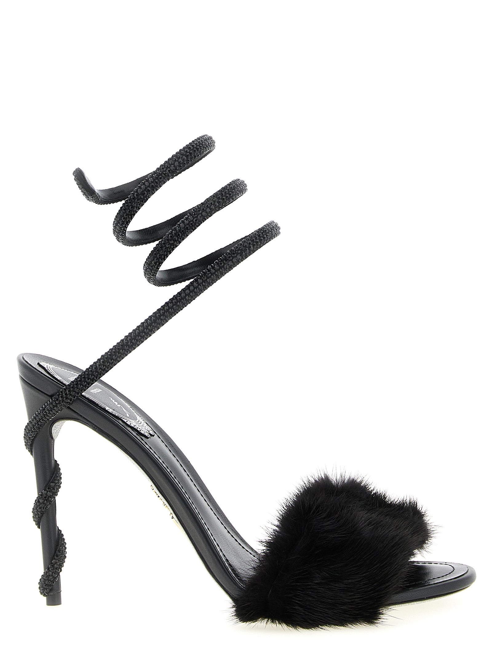 Stiletto Ankle Strap Sandals by RENE CAOVILLA for women in leather & fur black & silver features an effortlessly chic silhouette from the Women's Leather & Fur Stiletto Ankle Strap Sandals collection, showcasing a effortlessly chic stiletto and elegant round toe style.