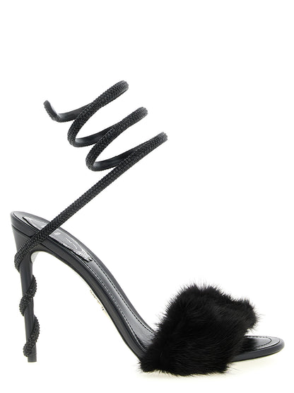 Stiletto Ankle Strap Sandals by RENE CAOVILLA for women in leather & fur black & silver features an effortlessly chic silhouette from the Women's Leather & Fur Stiletto Ankle Strap Sandals collection, showcasing a effortlessly chic stiletto and elegant round toe style.