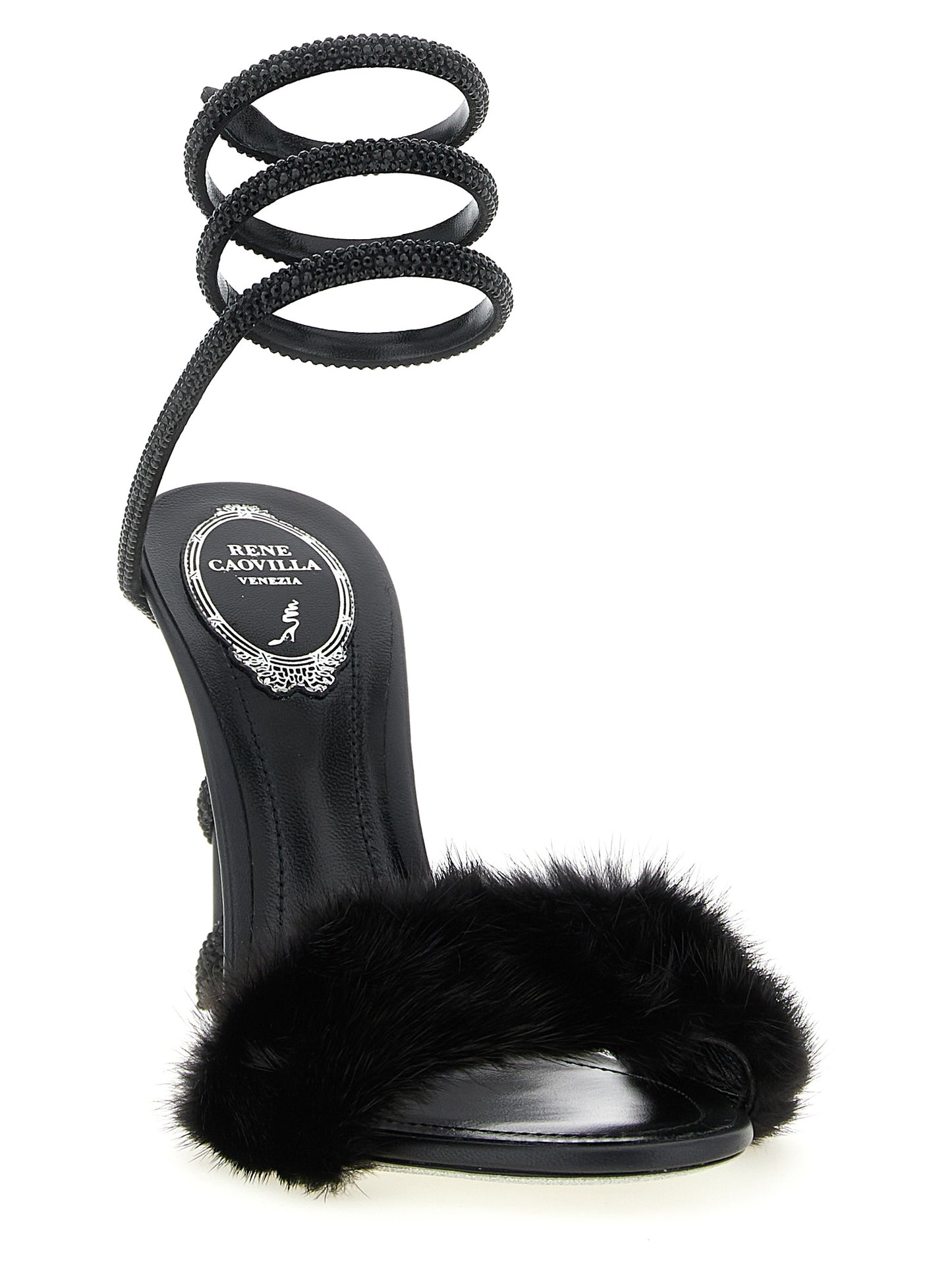Stiletto Ankle Strap Sandals by RENE CAOVILLA for women in leather & fur black & silver presents a sculptural silhouette, showcasing the Women's Leather & Fur Stiletto Ankle Strap Sandals design with a sculptural stiletto and round toe style for a premium look.