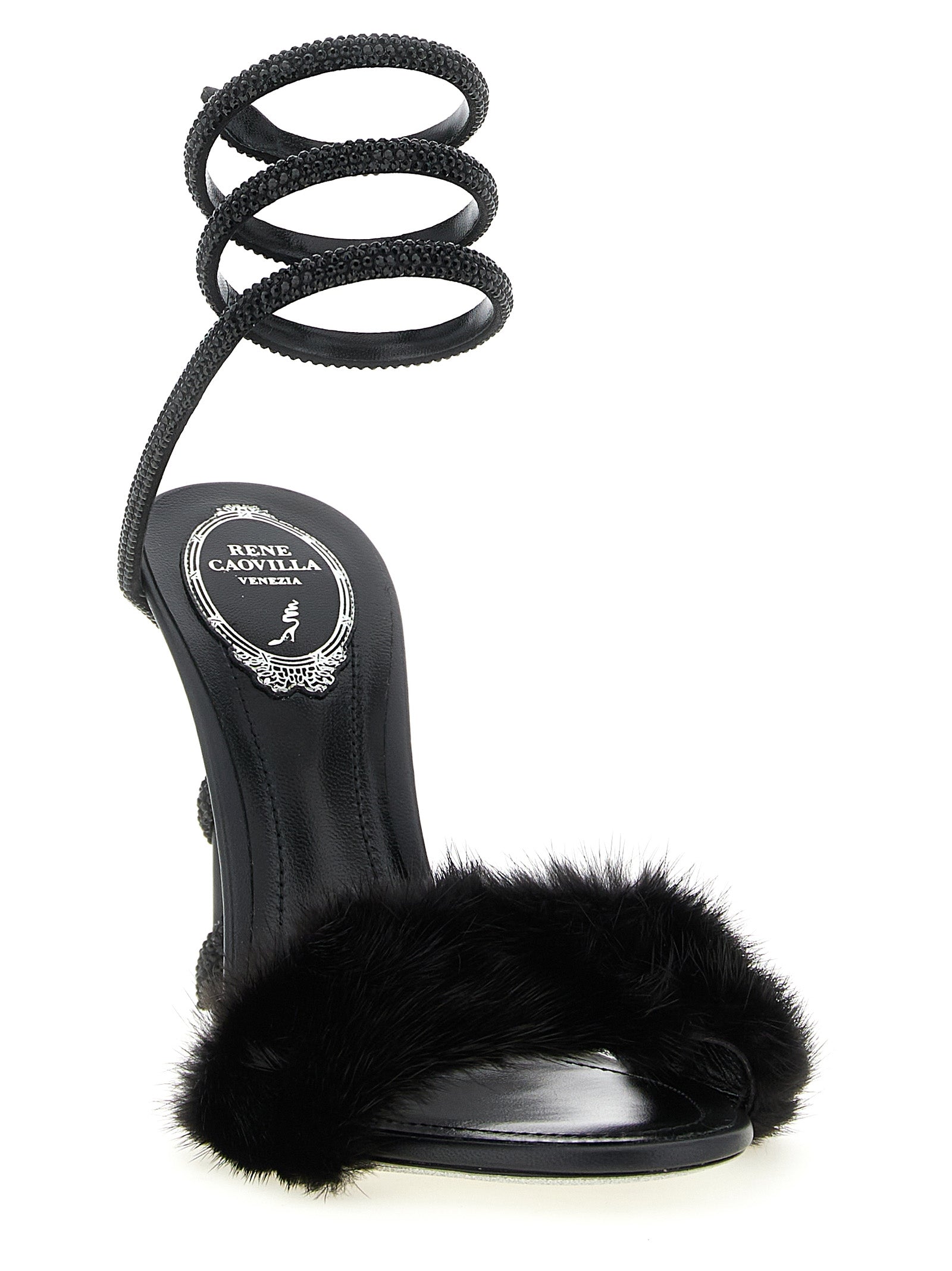 Stiletto Ankle Strap Sandals by RENE CAOVILLA for women in leather & fur black & silver presents a sculptural silhouette, showcasing the Women's Leather & Fur Stiletto Ankle Strap Sandals design with a sculptural stiletto and round toe style for a premium look.