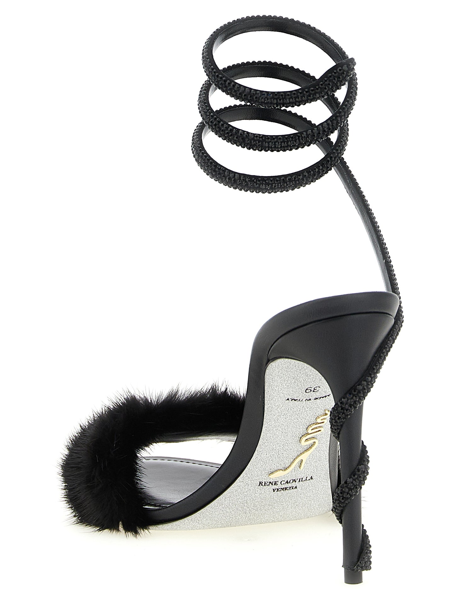 Stiletto Ankle Strap Sandals by RENE CAOVILLA for women in leather & fur black & silver features an statuesque Women's Leather & Fur Stiletto Ankle Strap Sandals silhouette with a refined stiletto and elegant round toe style.