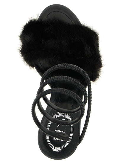 Stiletto Ankle Strap Sandals by RENE CAOVILLA for women in leather & fur black & silver features an exquisite silhouette, showcasing the exquisite Women's Leather & Fur Stiletto Ankle Strap Sandals with a stiletto and round toe style.