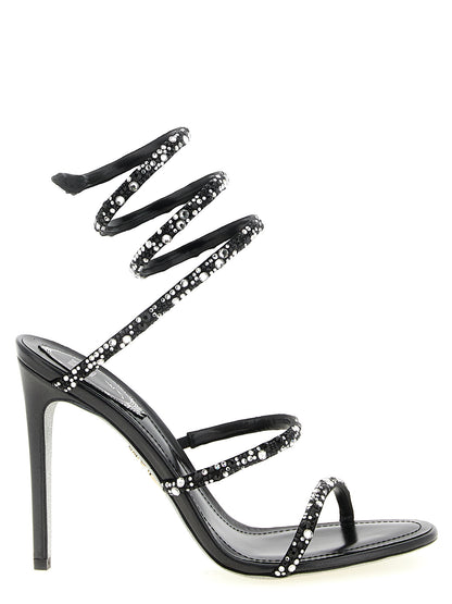 Stiletto Ankle Strap Sandals by RENE CAOVILLA for women in viscose silk leather & crystal bicolour, black, silver & signature features an effortlessly chic silhouette from the Venezia Women's Viscose Silk Leather & Crystal Stiletto Ankle Strap Sandals collection, showcasing a effortlessly chic stiletto and elegant open toe style.