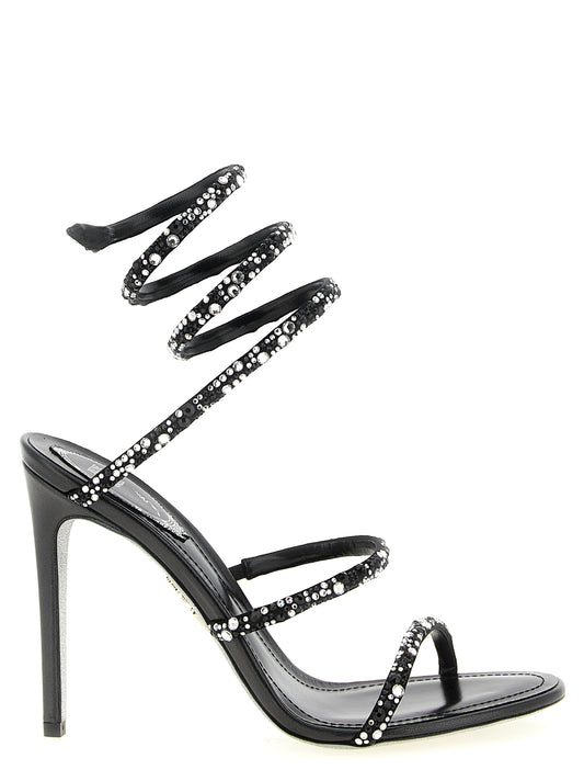 Stiletto Ankle Strap Sandals by RENE CAOVILLA for women in viscose silk leather & crystal bicolour, black, silver & signature features an effortlessly chic silhouette from the Venezia Women's Viscose Silk Leather & Crystal Stiletto Ankle Strap Sandals collection, showcasing a effortlessly chic stiletto and elegant open toe style.