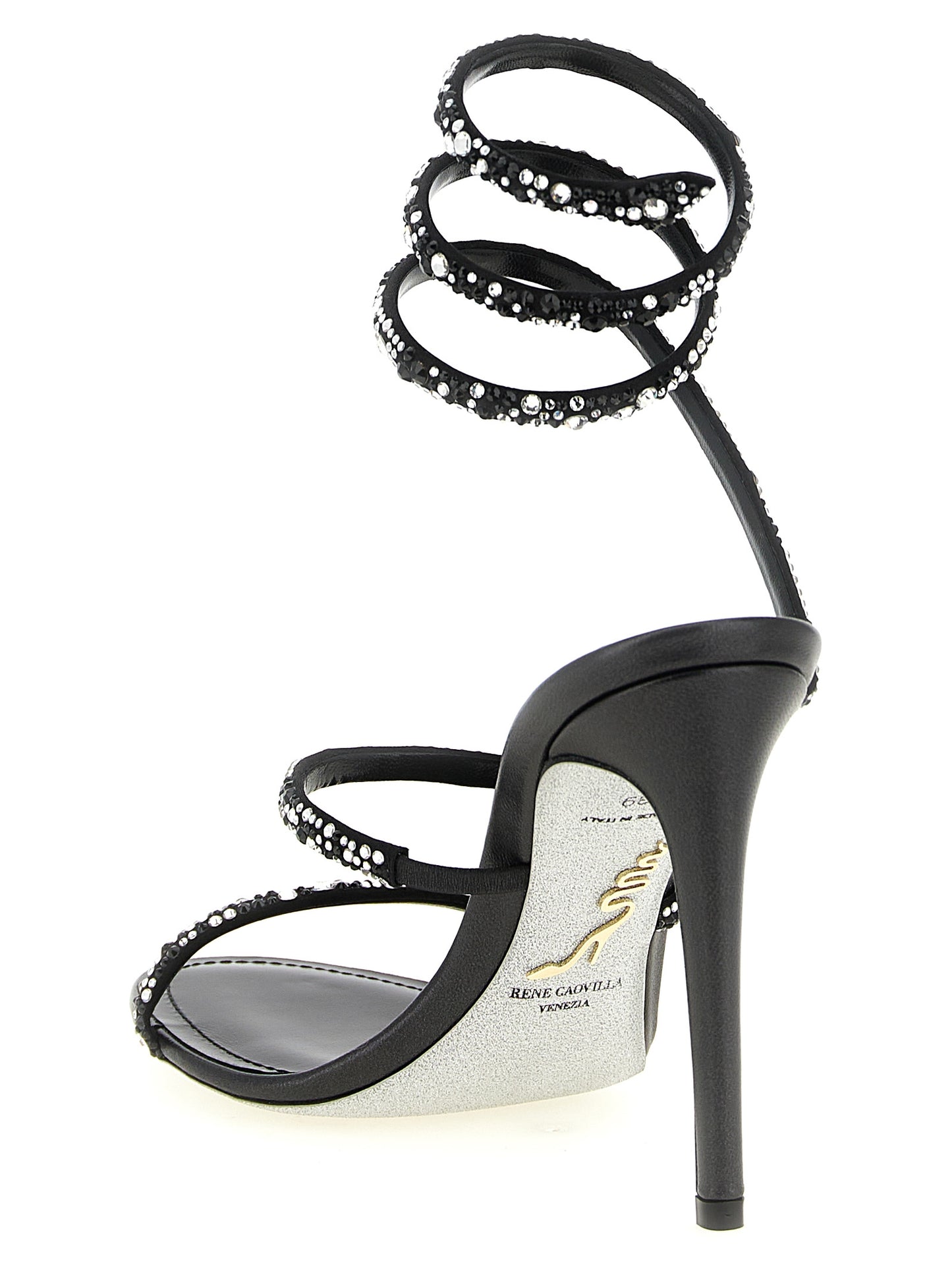 Stiletto Ankle Strap Sandals by RENE CAOVILLA for women in viscose silk leather & crystal bicolour, black, silver & signature features an exquisite silhouette, showcasing the exquisite Venezia Women's Viscose Silk Leather & Crystal Stiletto Ankle Strap Sandals with a stiletto and open toe style.