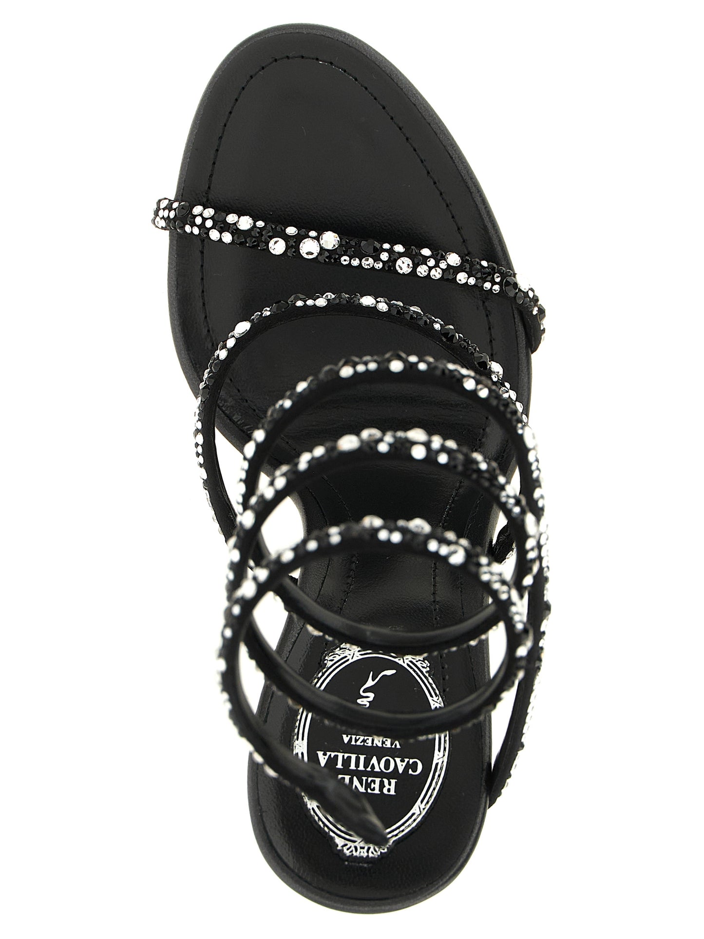 Stiletto Ankle Strap Sandals by RENE CAOVILLA for women in viscose silk leather & crystal bicolour, black, silver & signature presents a sculptural silhouette, showcasing the Venezia Women's Viscose Silk Leather & Crystal Stiletto Ankle Strap Sandals design with a sculptural stiletto and open toe style for a premium look.