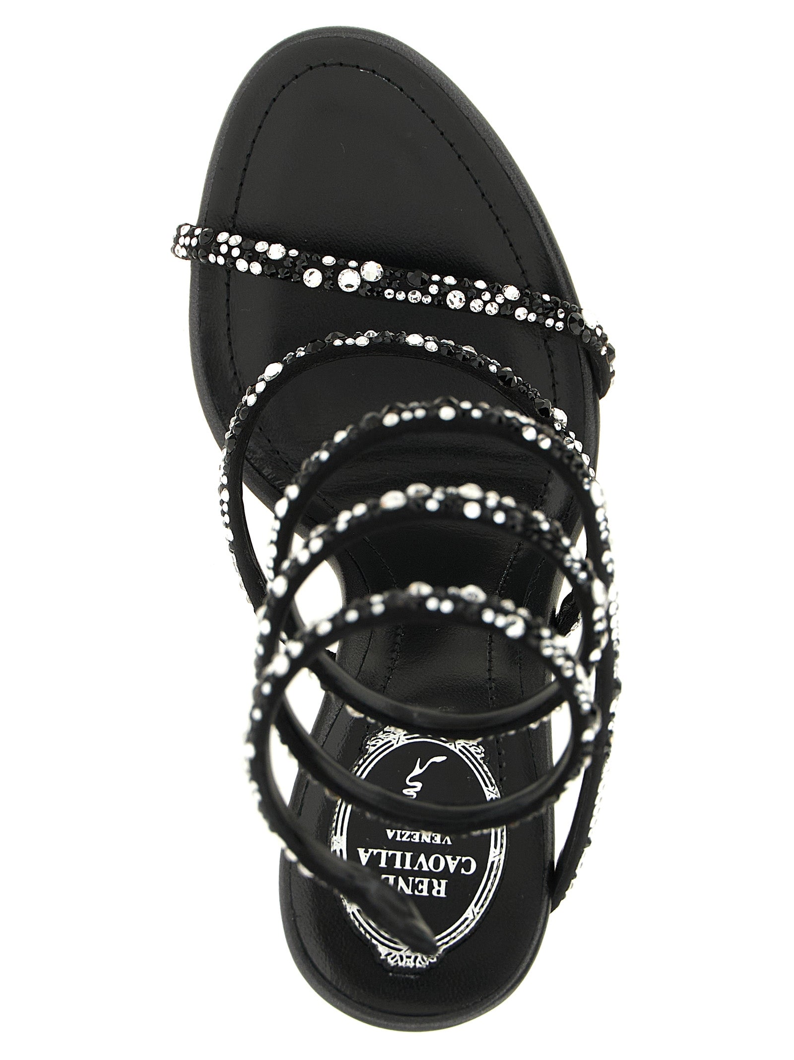 Stiletto Ankle Strap Sandals by RENE CAOVILLA for women in viscose silk leather & crystal bicolour, black, silver & signature presents a sculptural silhouette, showcasing the Venezia Women's Viscose Silk Leather & Crystal Stiletto Ankle Strap Sandals design with a sculptural stiletto and open toe style for a premium look.