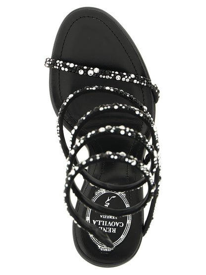Stiletto Ankle Strap Sandals by RENE CAOVILLA for women in viscose silk leather & crystal bicolour, black, silver & signature presents a sculptural silhouette, showcasing the Venezia Women's Viscose Silk Leather & Crystal Stiletto Ankle Strap Sandals design with a sculptural stiletto and open toe style for a premium look.