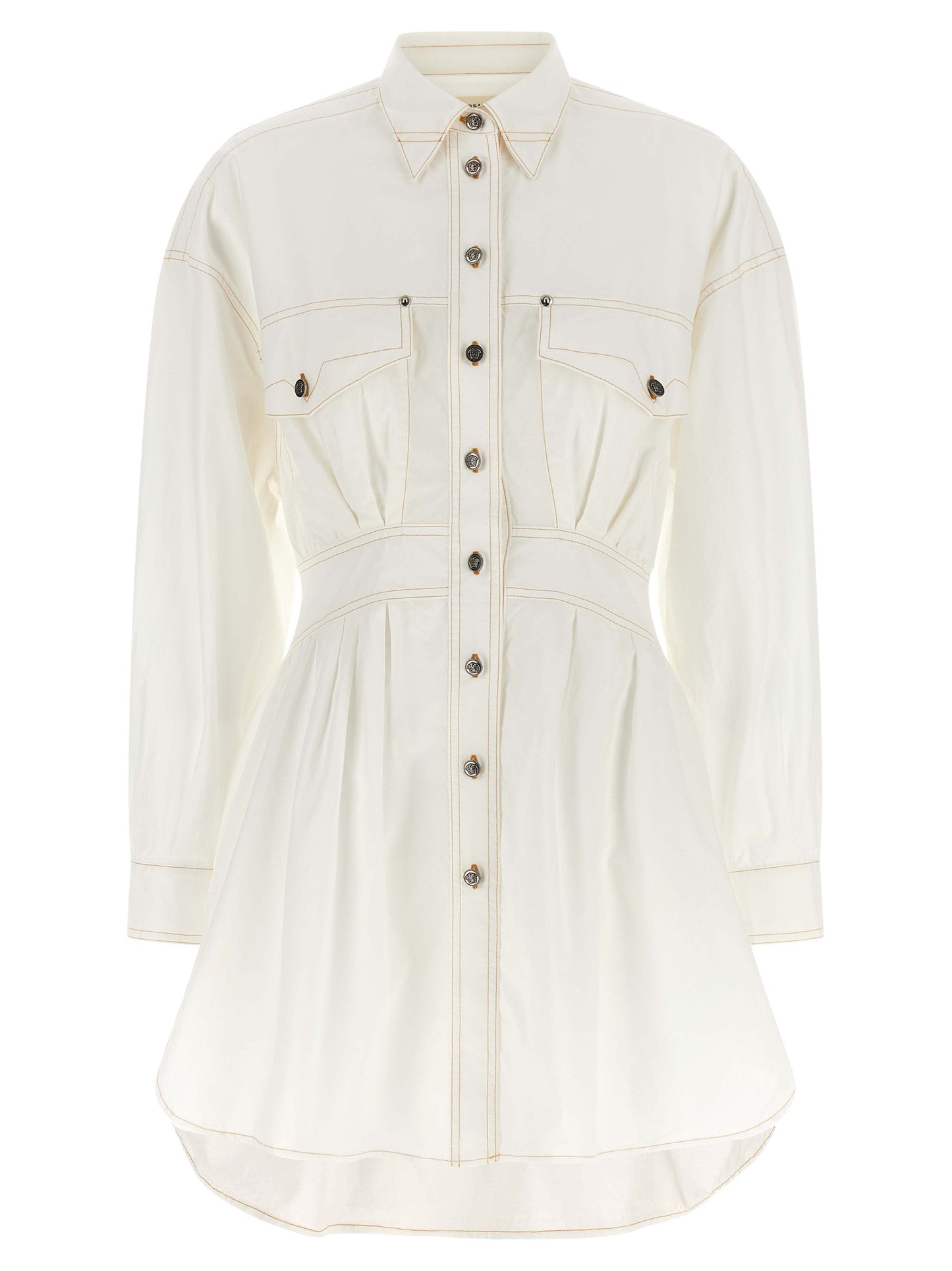 Dress by Versace for women in cotton white features an eye catching silhouette with a sophisticated , elegant long-sleeve, and a refined short for a eye catching aesthetic.