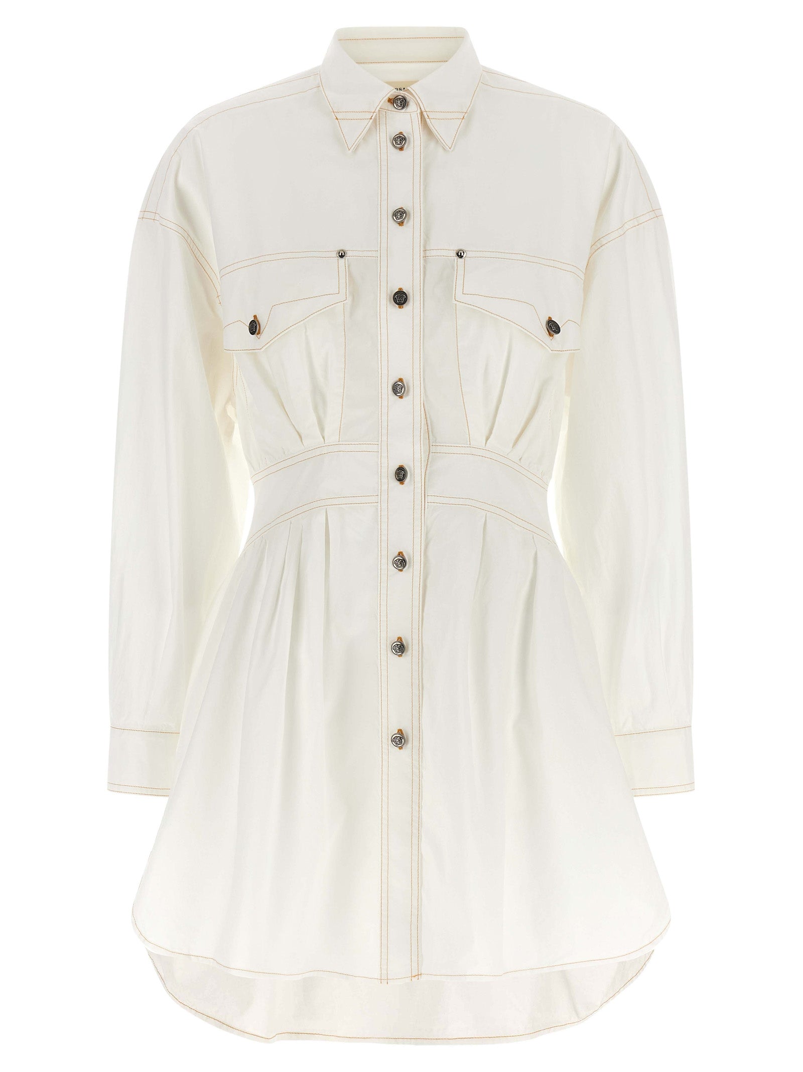Dress by Versace for women in cotton white features an eye catching silhouette with a sophisticated , elegant long-sleeve, and a refined short for a eye catching aesthetic.