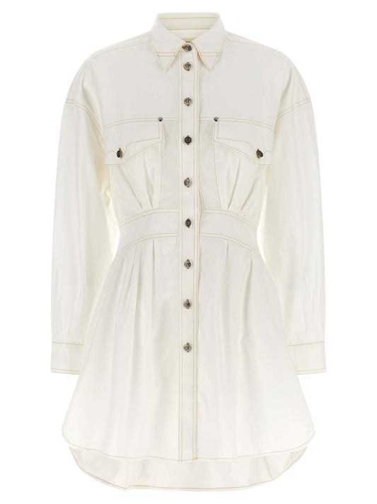 Dress by Versace for women in cotton white features an eye catching silhouette with a sophisticated , elegant long-sleeve, and a refined short for a eye catching aesthetic.