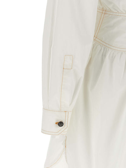 Dress by Versace for women in cotton white presents a sinuous silhouette, showcasing a sophisticated and detailed with a sinuous short for a refined finish.