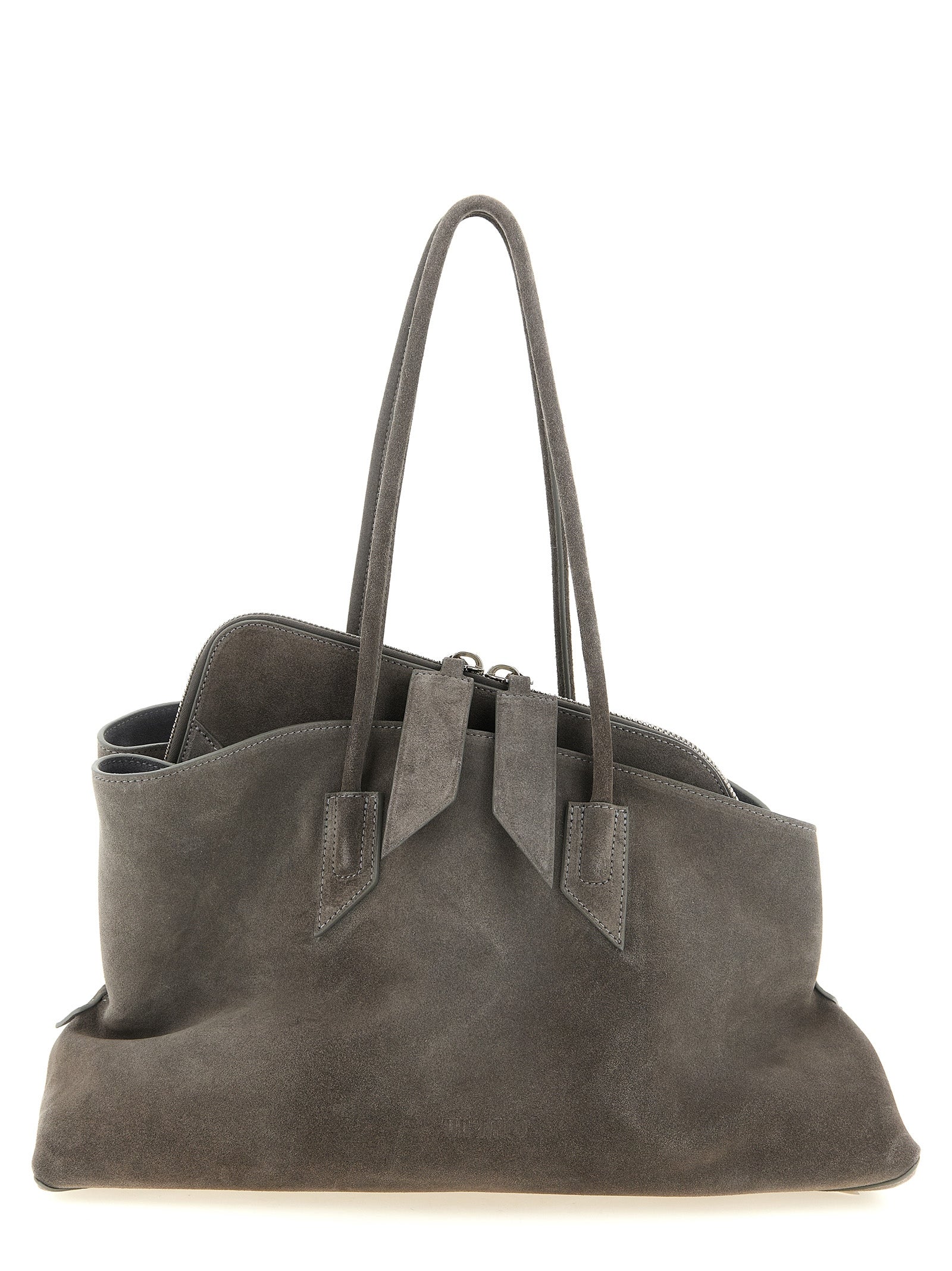 Medium Shoulder Bag by The Attico for women in suede leather dark-gray, gray & silver features a statuesque silhouette, showcasing a secure zipper and statuesque with versatile shoulder-strap & handle for a statuesque finish.