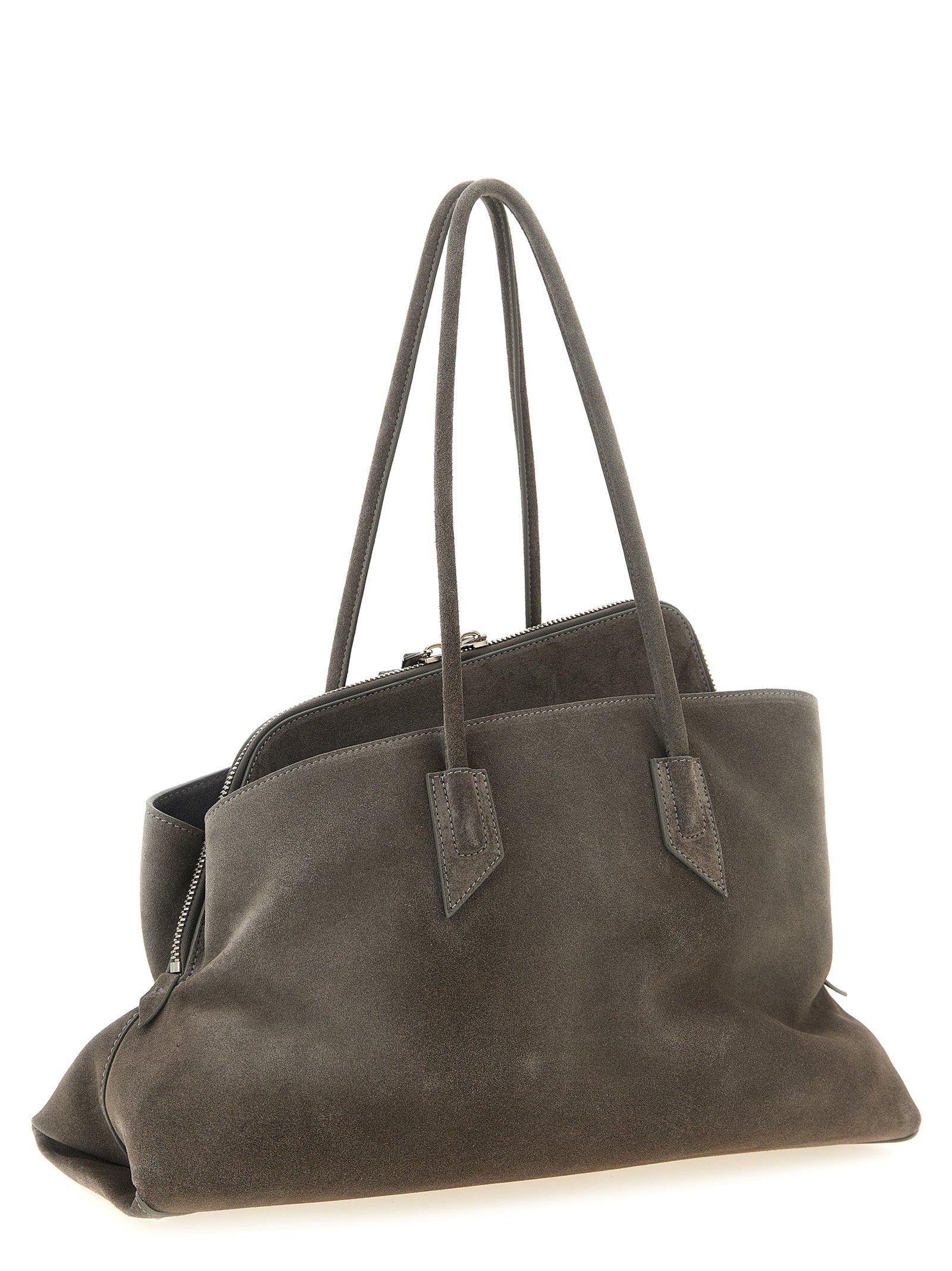 Medium Shoulder Bag by The Attico for women in suede leather dark-gray, gray & silver showcases a statuesque silhouette, artfully detailed with a secure zipper, organized , and versatile shoulder-strap & handle for a statuesque look.