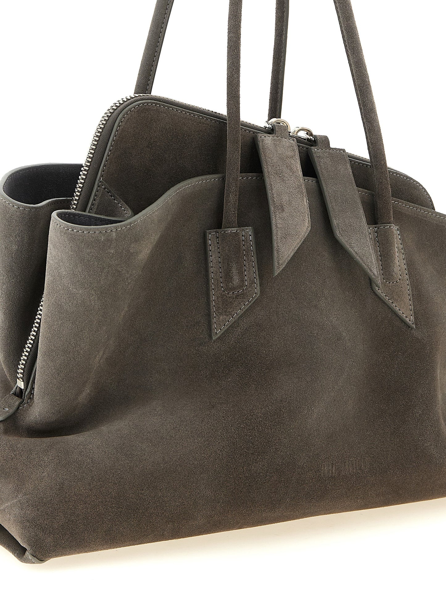 Medium Shoulder Bag by The Attico for women in suede leather dark-gray, gray & silver features a effortless chic silhouette with a secure zipper, ample , and versatile shoulder-strap & handle for a effortless chic finish.