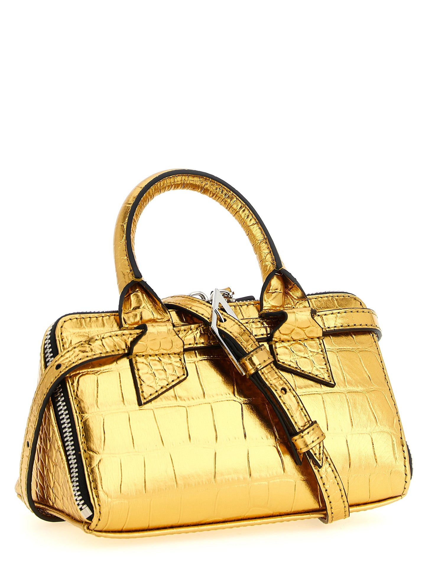 Mini Handbag by The Attico for women in crocodile skin leather gold, silver & print features an refined silhouette, showcasing a secure zipper, ample , and versatile shoulder-strap, handle, adjustable-strap & detachable-strap for a sophisticated refined aesthetic.