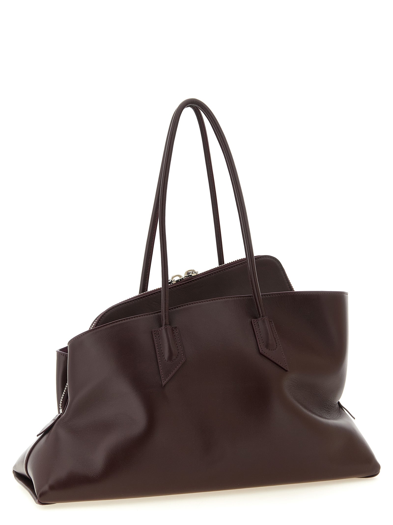 Medium Shoulder Bag by The Attico for women in calf leather plum, purple & silver features a effortless chic silhouette with a secure zipper, ample , and versatile shoulder-strap & handle for a effortless chic finish.
