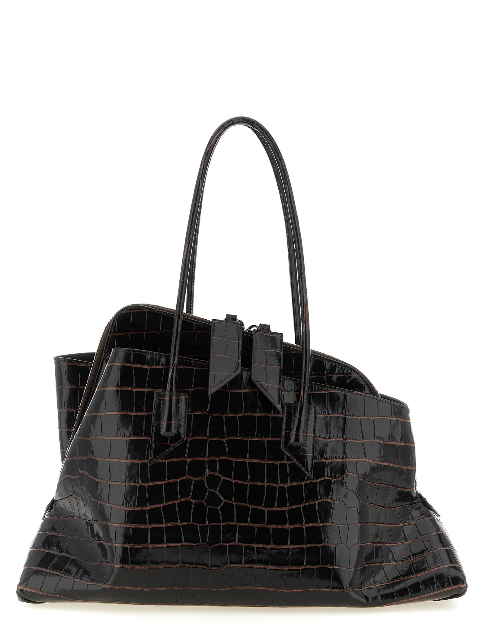 Medium Shoulder Bag by The Attico for women in exotic leather brown, silver & print presents a statuesque silhouette, showcasing a secure zipper and statuesque with versatile shoulder-strap & handle for a sophisticated look.