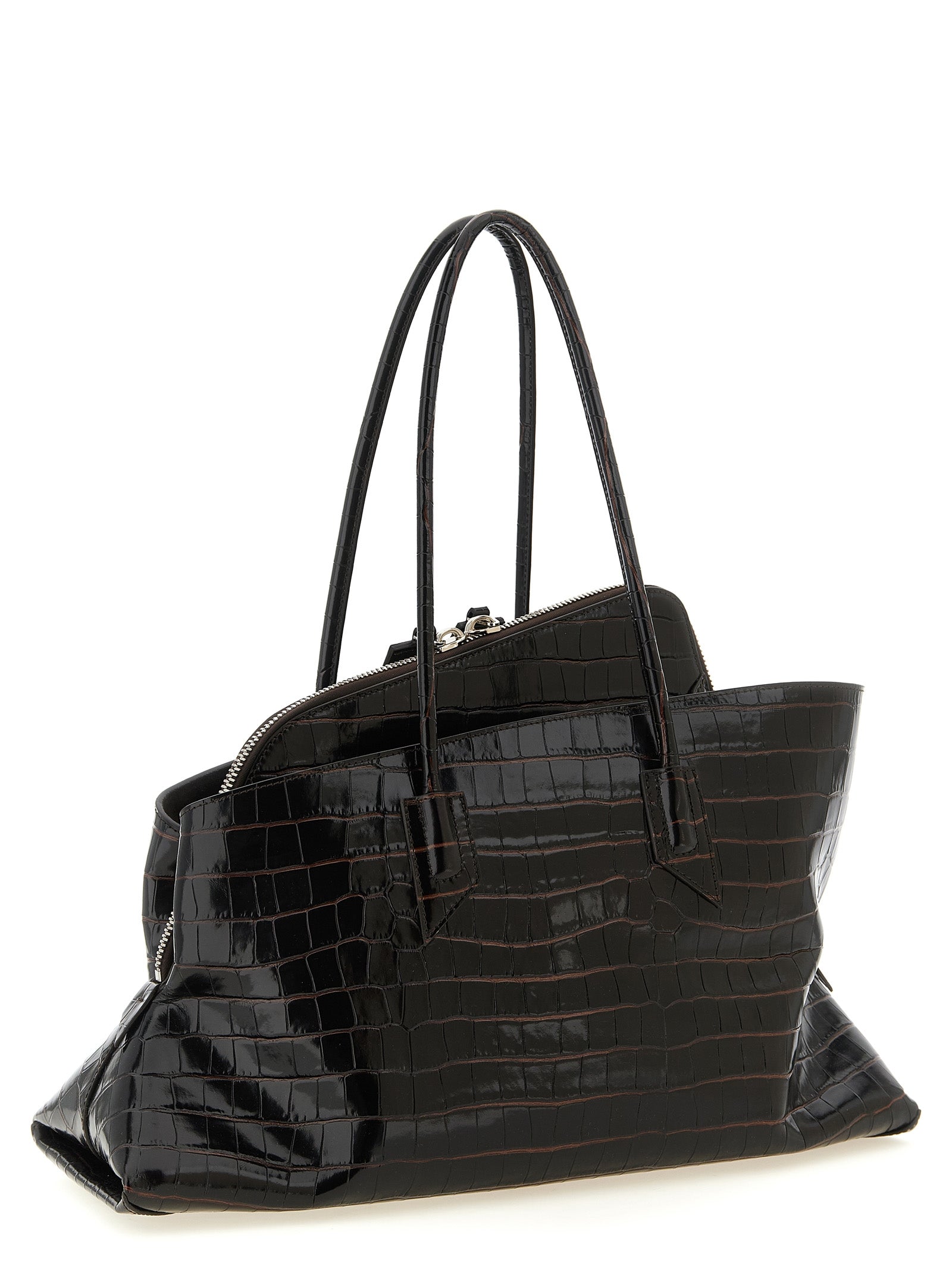 Medium Shoulder Bag by The Attico for women in exotic leather brown, silver & print features a stately silhouette, showcasing a secure zipper, ample , and stately shoulder-strap & handle for a stately finish.