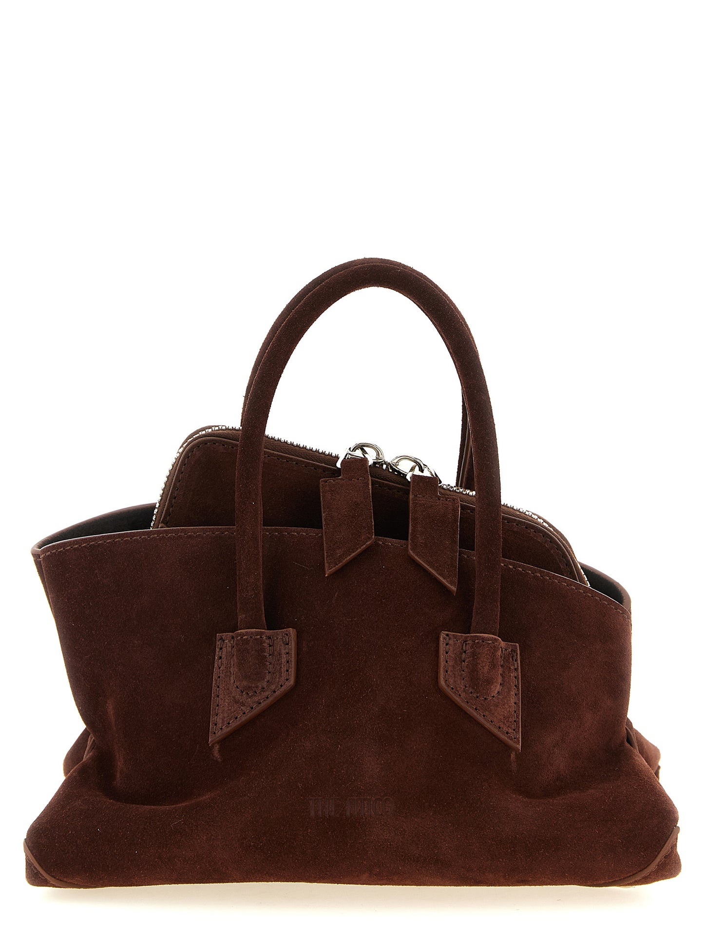 Mini Handbag by The Attico for women in suede leather brown & silver presents a ornamental silhouette, showcasing a secure zipper, ample , and versatile shoulder-strap, detachable-strap & handle for a ornamental finish.