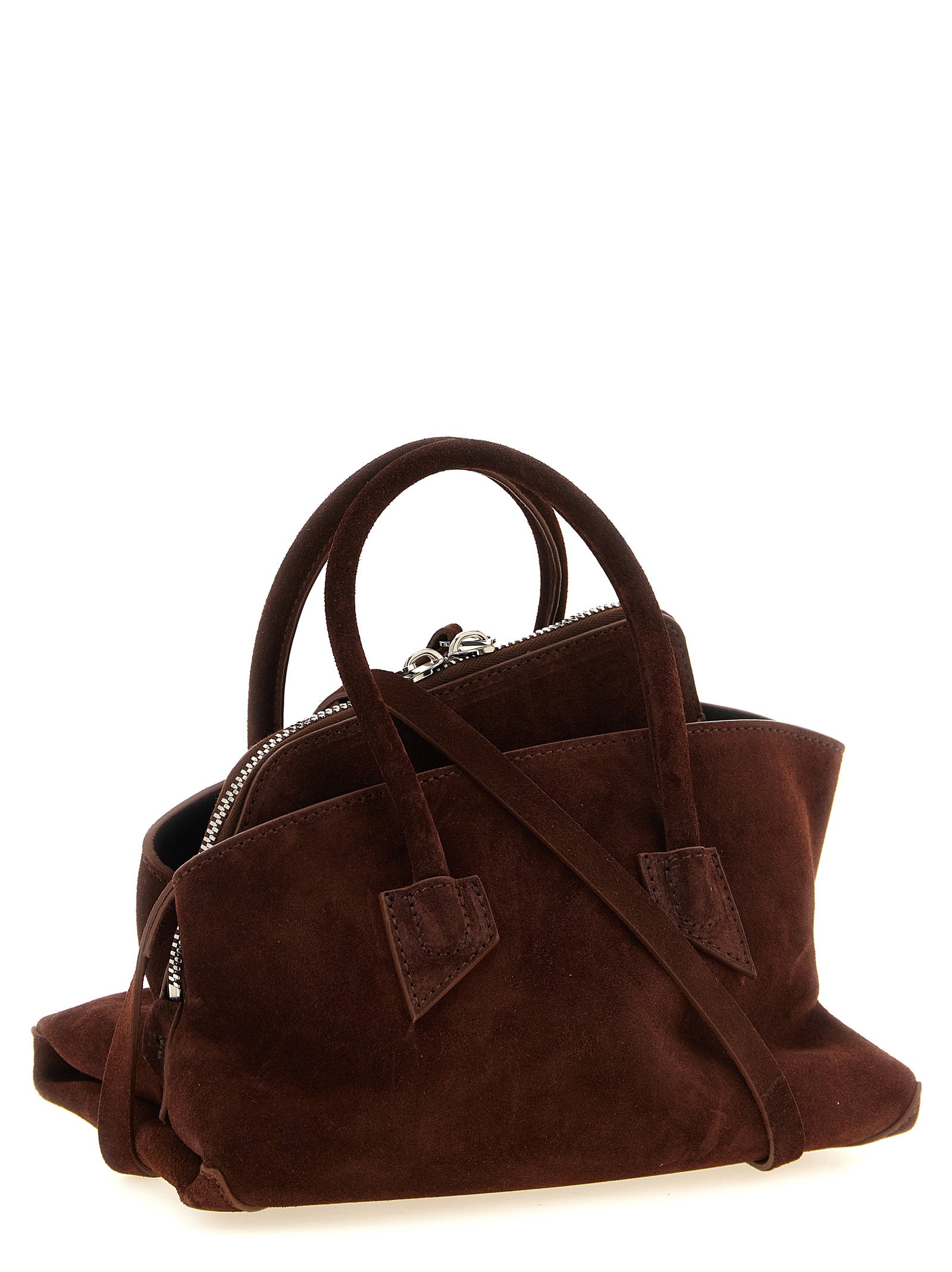Mini Handbag by The Attico for women in suede leather brown & silver features an refined silhouette, showcasing a secure zipper, ample , and versatile shoulder-strap, detachable-strap & handle for a sophisticated refined aesthetic.
