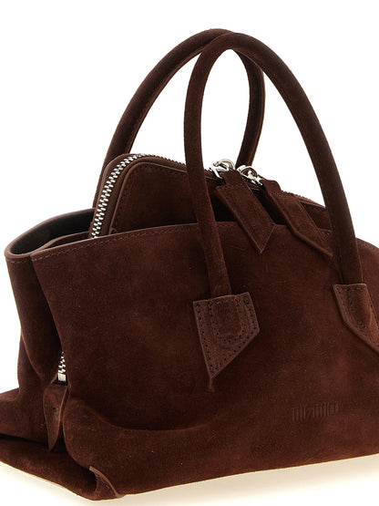 Mini Handbag by The Attico for women in suede leather brown & silver features a ornamental silhouette, showcasing a secure zipper, ample , and ornamental shoulder-strap, detachable-strap & handle for a sophisticated look.