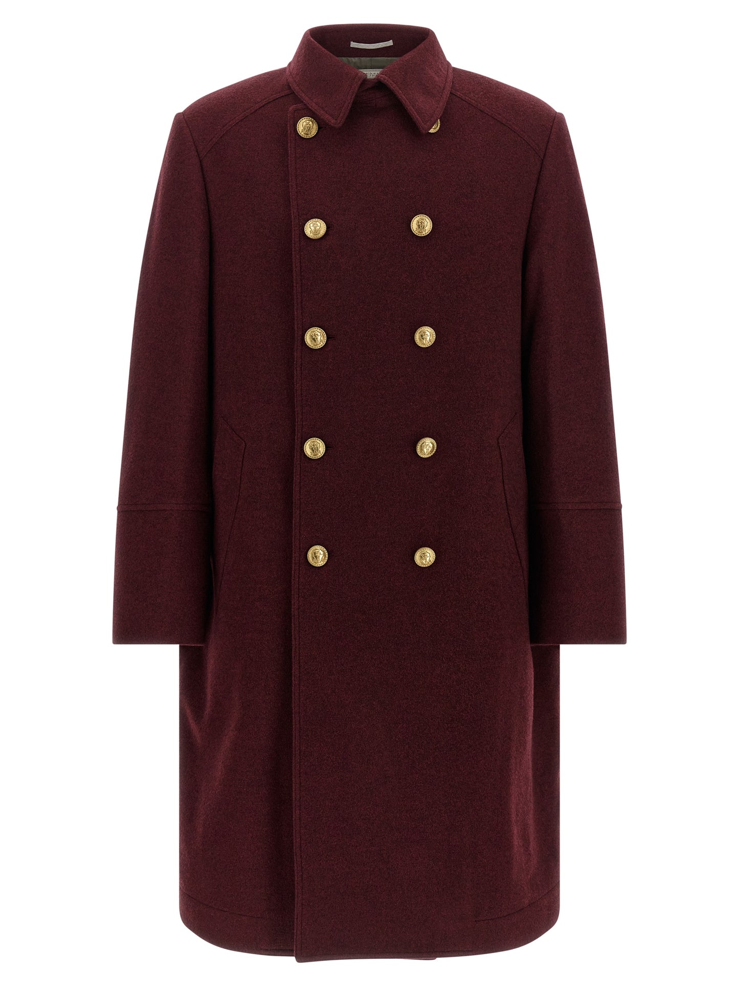 Overcoat by Brunello Cucinelli for men in cashmere bordeaux, burgundy & gold features an voluminous silhouette, showcasing distinct pockets and a voluminous split shirt-collar neckline for a truly voluminous aesthetic.