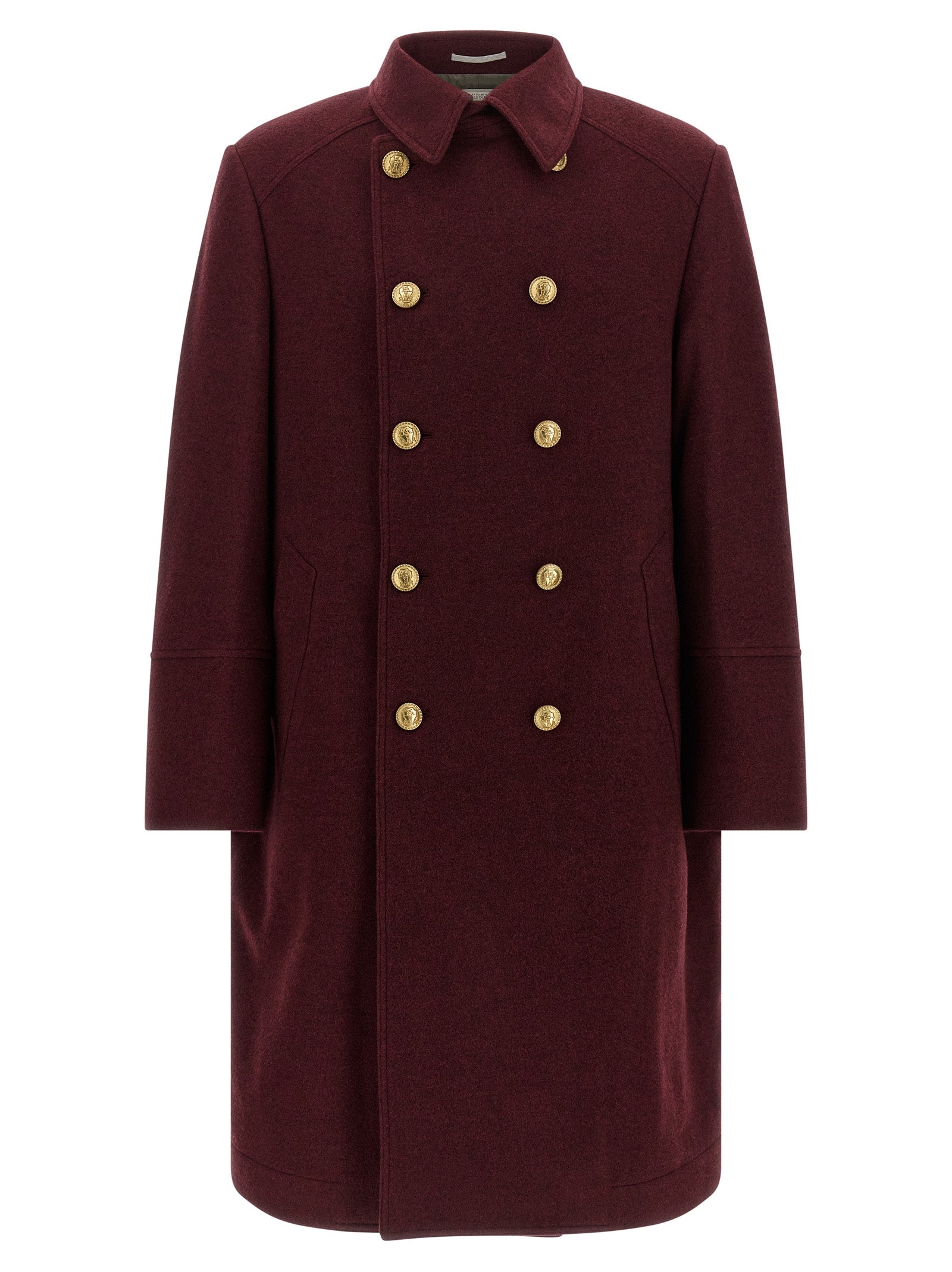 Overcoat by Brunello Cucinelli for men in cashmere bordeaux, burgundy & gold features an voluminous silhouette, showcasing distinct pockets and a voluminous split shirt-collar neckline for a truly voluminous aesthetic.
