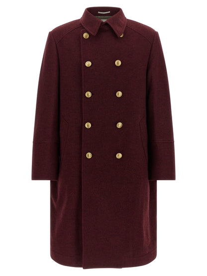 Overcoat by Brunello Cucinelli for men in cashmere bordeaux, burgundy & gold features an voluminous silhouette, showcasing distinct pockets and a voluminous split shirt-collar neckline for a truly voluminous aesthetic.