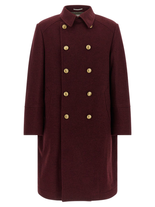 Brunello Cucinelli Men's Double Breasted Cashmere Overcoat - Bordeaux Burgundy Gold