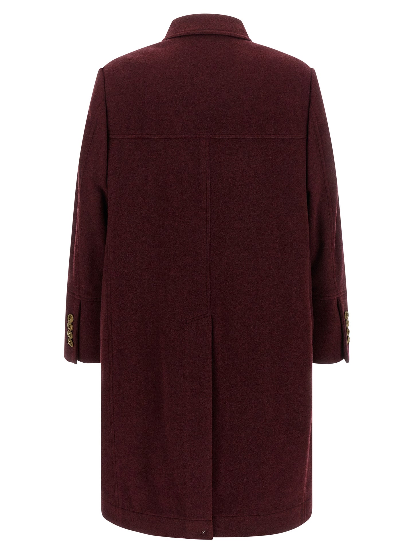 Overcoat by Brunello Cucinelli for men in cashmere bordeaux, burgundy & gold showcases a architectural silhouette, artfully detailed with a distinctive split shirt-collar neckline and functional pockets for a architectural finish.